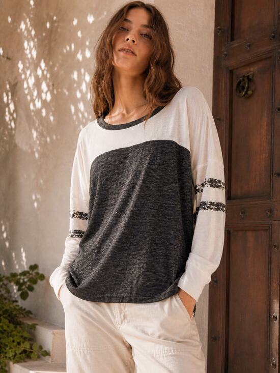 Abound Tops - ABOUND Long Sleeve Burnout Scoop Neck Striped Baseball Tee Long Sleeve Top